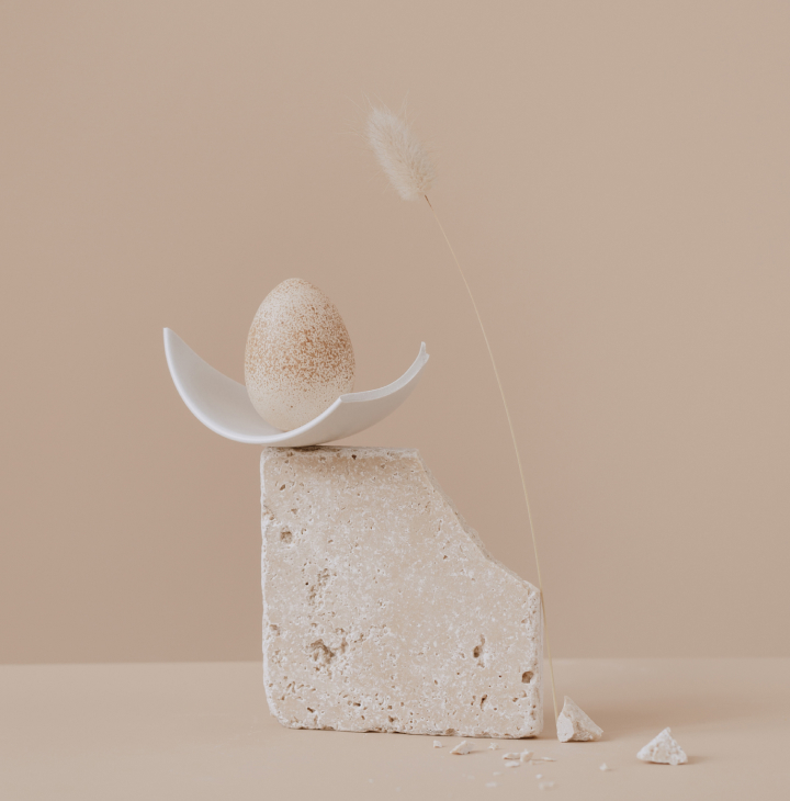 A speckled egg balanced delicately on a half-bowl atop a textured stone block, with a soft beige background and a single dried grass stem.